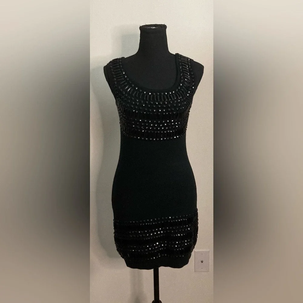 Bebe Black Studded Beaded Bodycon Mini Dress Open Back Bow Detail Sleeveless - Picture 2 of 10